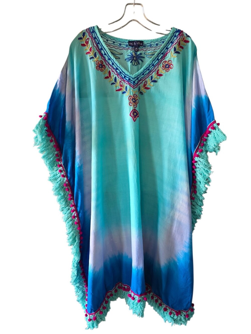 Fig & Vine Boho Turquoise Ombre Kaftan with Pink Pom-Pom Trim Size S/M